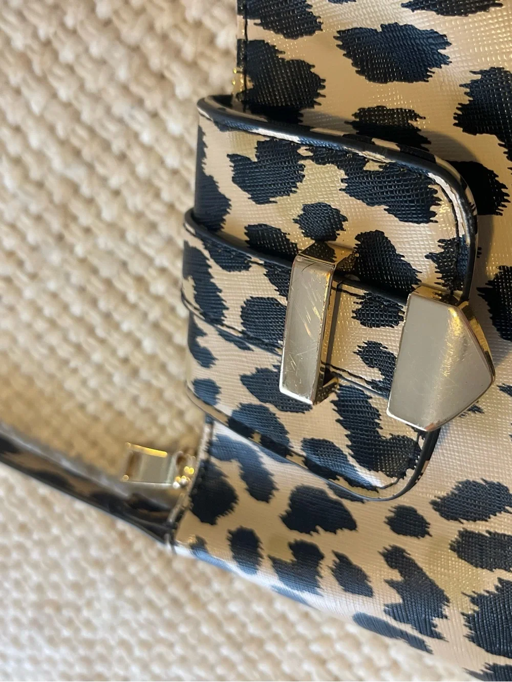 Leopard Print Crossbody Bag with Gold Accent in Black and Cream